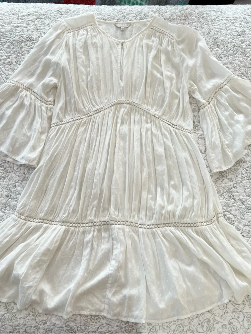 Lucky Brand White Swiss Dot Mini Dress Peasant Boho Gathered Gauzy Flowy Coastal - Picture 1 of 7